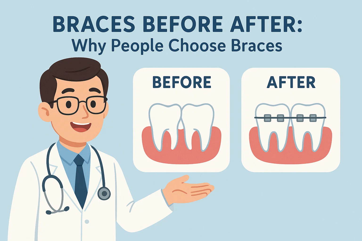 A compelling side-by-side comparison of a patient's smile before and after braces treatment.