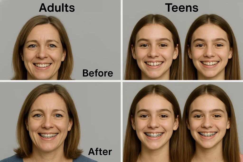 A comparative visual analysis of braces before after results in adult versus teenage patients.
