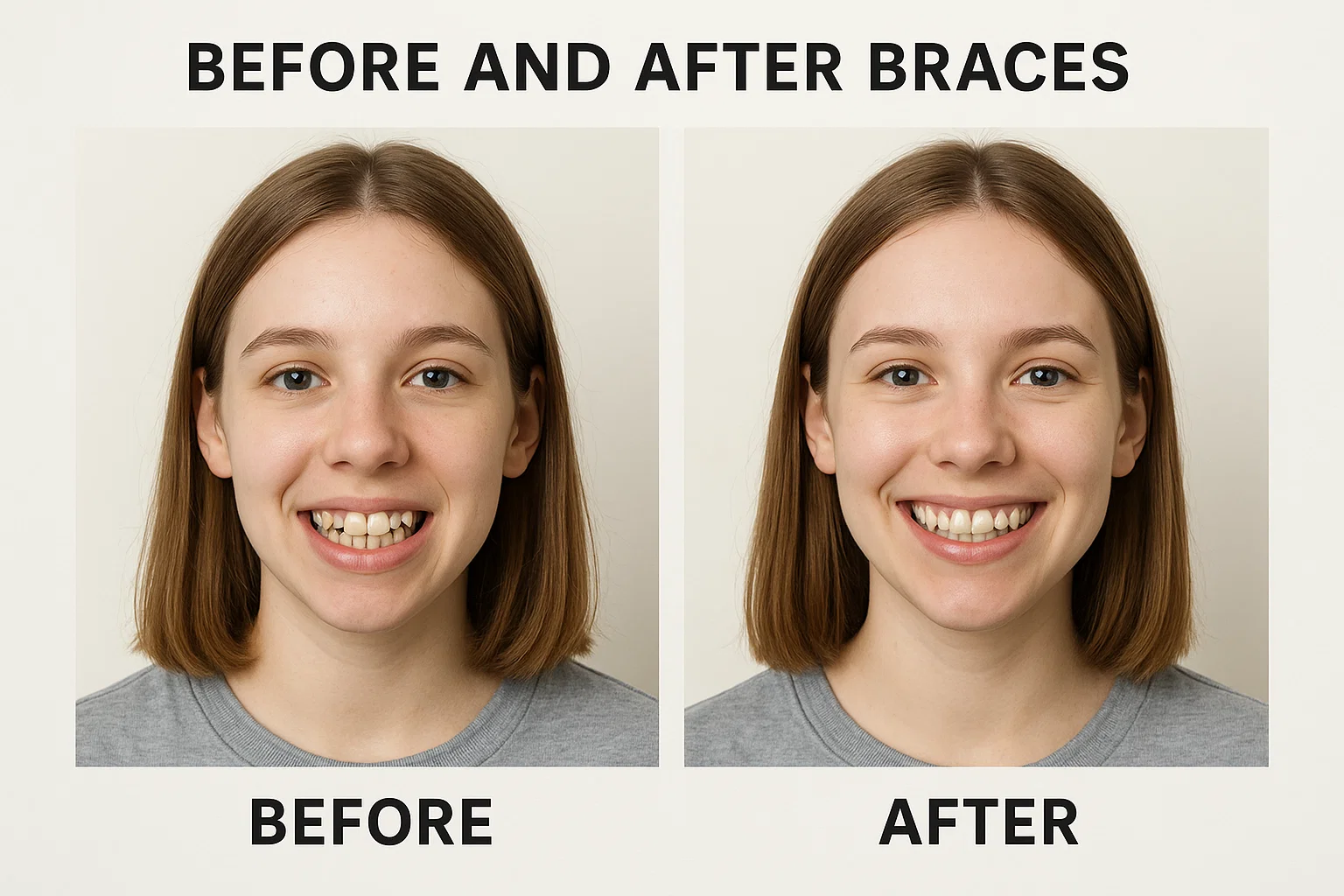 A side-by-side visual comparison of a patient's smile before and after braces treatment.
