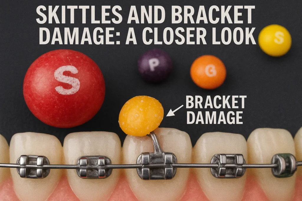 Can You Eat Skittles with Braces — highlighting the risks of Skittles causing bracket damage during orthodontic treatment.