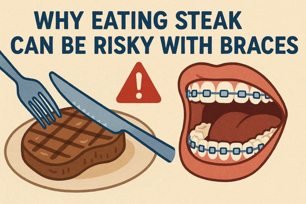 Can You Eat Steak with Braces — highlighting the risks of eating steak while wearing braces, including potential damage to brackets and wires.