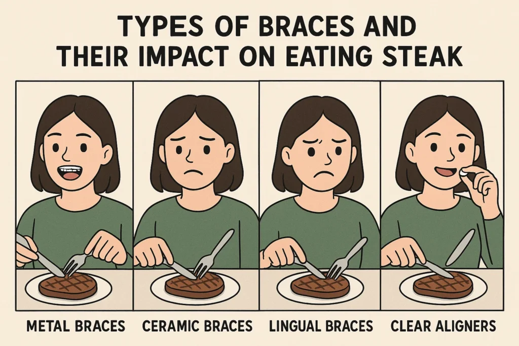 Can You Eat Steak with Braces — showing different types of braces and how they impact your ability to eat steak safely.