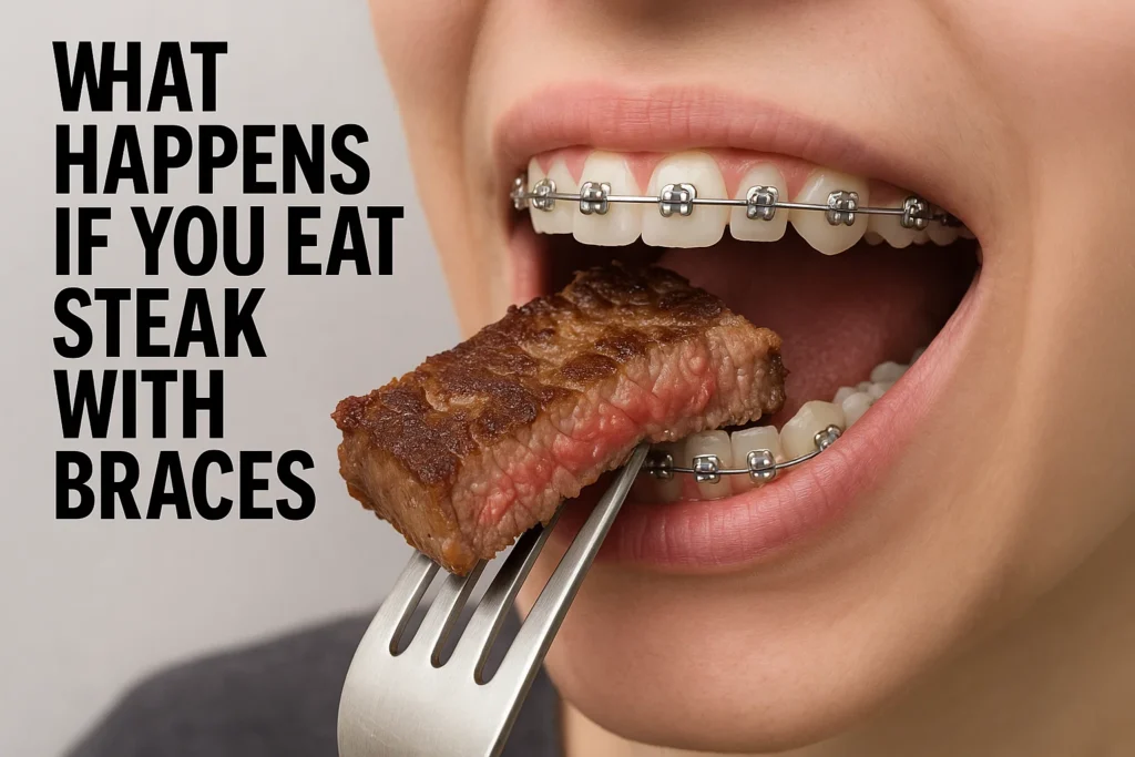 Can You Eat Steak with Braces — showing the potential consequences of eating steak while wearing braces, including discomfort and damage.