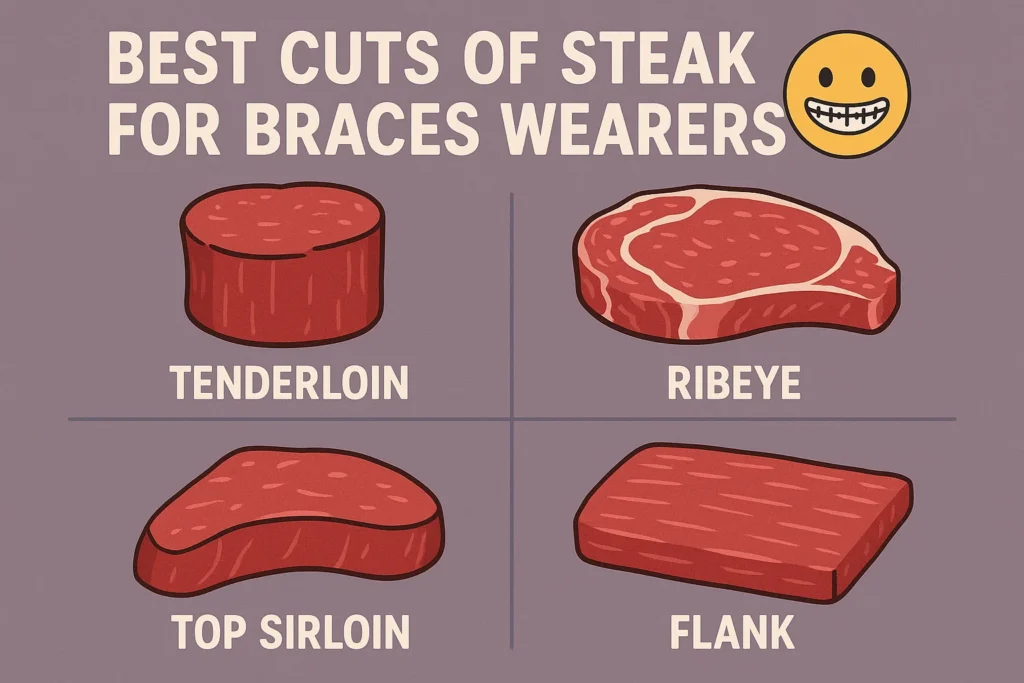 Can You Eat Steak with Braces — showcasing the best cuts of steak for braces wearers to enjoy without damaging their orthodontic treatment.
