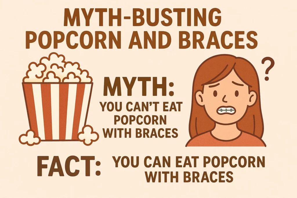 Can You Have Popcorn with Braces — image showing myths versus facts about eating popcorn during orthodontic treatment.