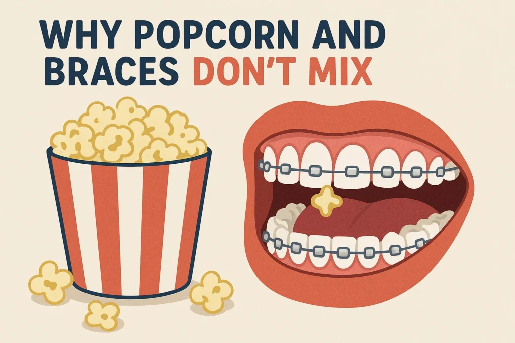 Popcorn kernels beside orthodontic braces, highlighting the risks of eating popcorn during treatment