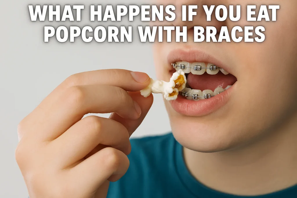 Can You Have Popcorn with Braces — image showing popcorn pieces stuck around orthodontic brackets.