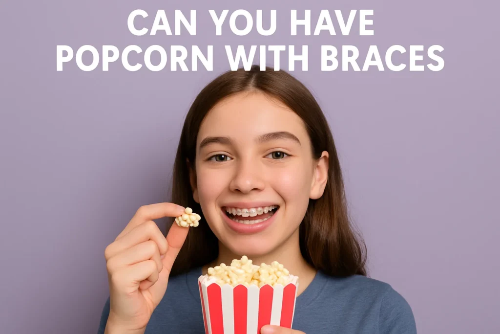 Close-up of popcorn with a red warning symbol, showing why it’s not safe for people with braces.