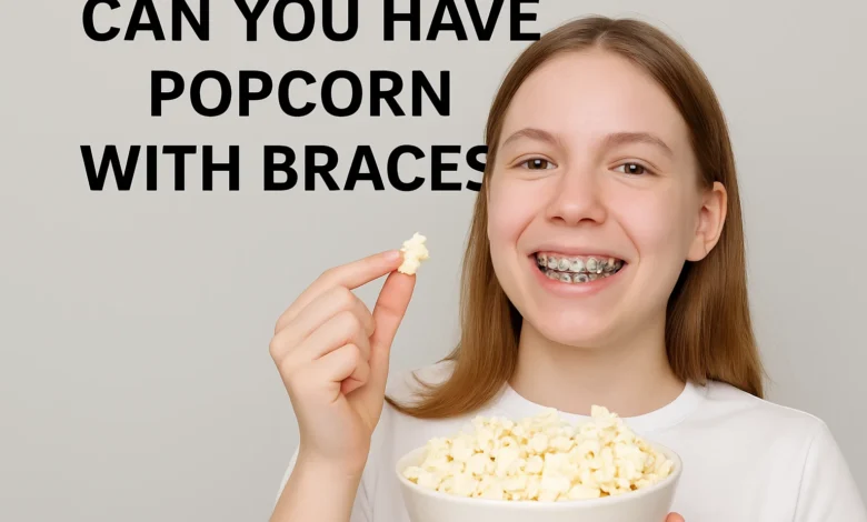 Bowl of popcorn with a braces warning sign, illustrating why popcorn is risky for orthodontic patients
