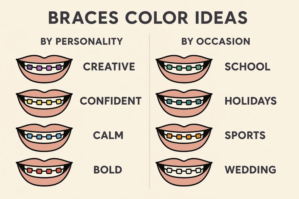 A creative and organized chart of braces color ideas sorted by personality type and special occasions.