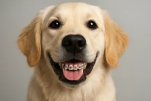 A close-up photo of a dog wearing custom-fitted dental braces on its teeth.