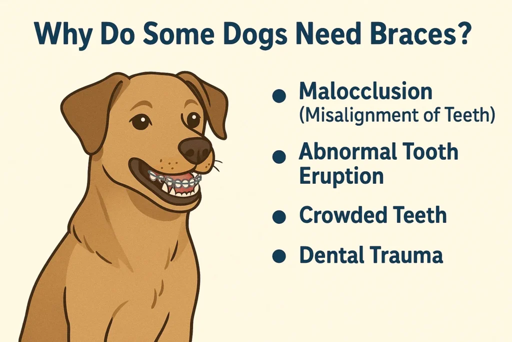 A veterinarian explaining the need for braces to a dog owner while their dog displays a dental misalignment