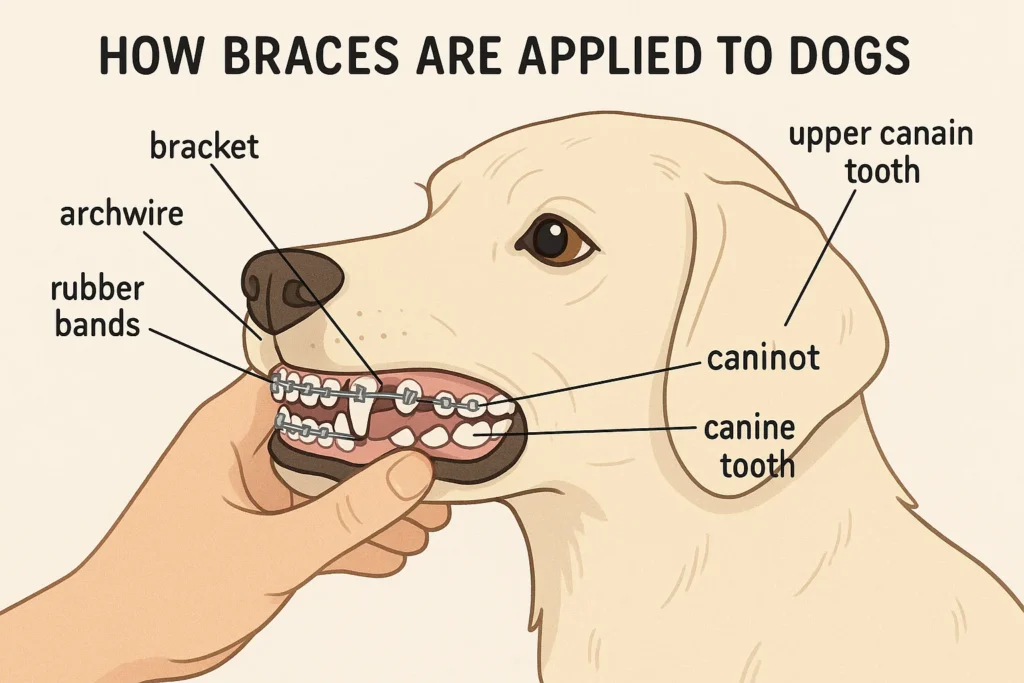 A veterinary orthodontist carefully applying and adjusting dental braces on a sedated dog's teeth.