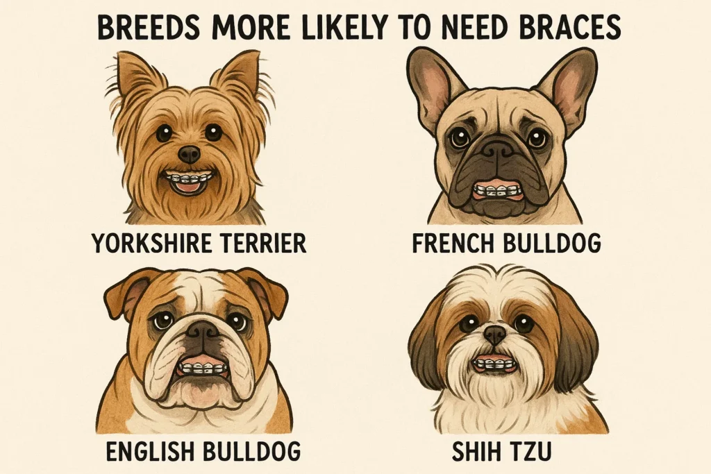 A side-by-side comparison of dog breeds like Bulldogs, Pugs, and Shih Tzus that are more likely to need dental braces.