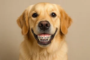 A happy and healthy dog with a properly fitted set of braces, smiling for the camera.