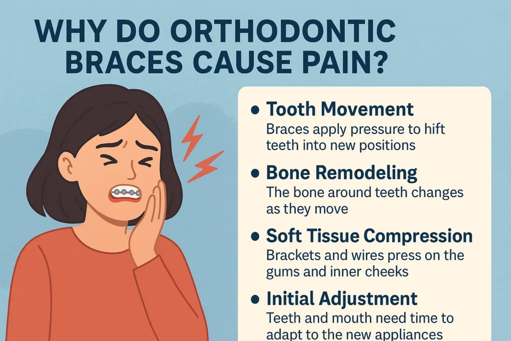 Orthodontic braces pain: Close-up of braces causing discomfort and pressure on teeth during orthodontic treatment.