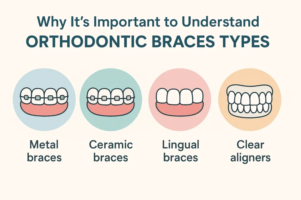 A comprehensive visual guide showcasing the various orthodontics braces types, including traditional metal, ceramic, and clear aligners.