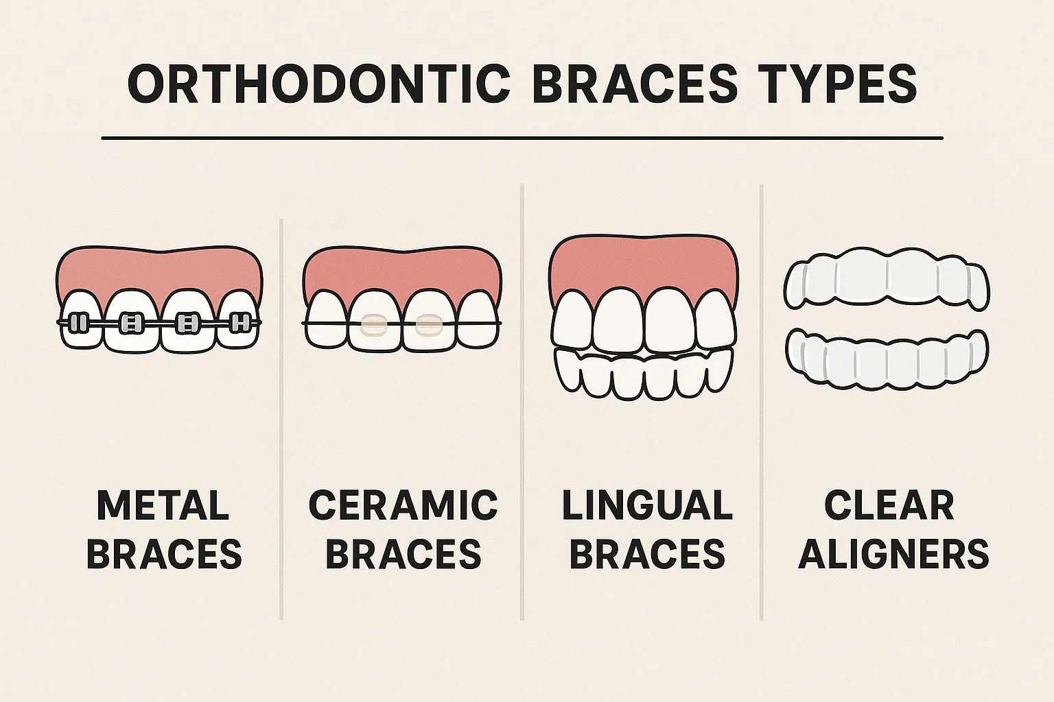 A detailed comparison chart of different orthodontics braces types, including metal, ceramic, lingual, and clear aligners.
