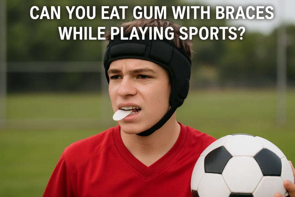 A young athlete with braces on the sports field considering the safety of chewing gum during a game.