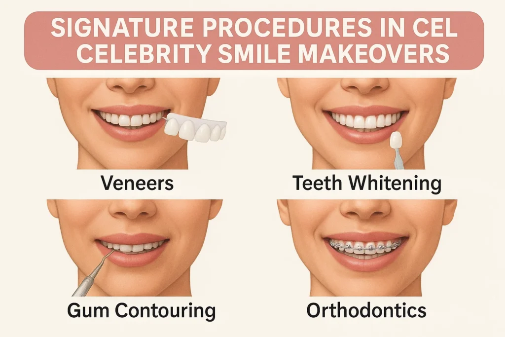Celebrity Smile Makeover Dentist highlighting signature procedures like veneers, whitening, and bonding used in smile transformations.