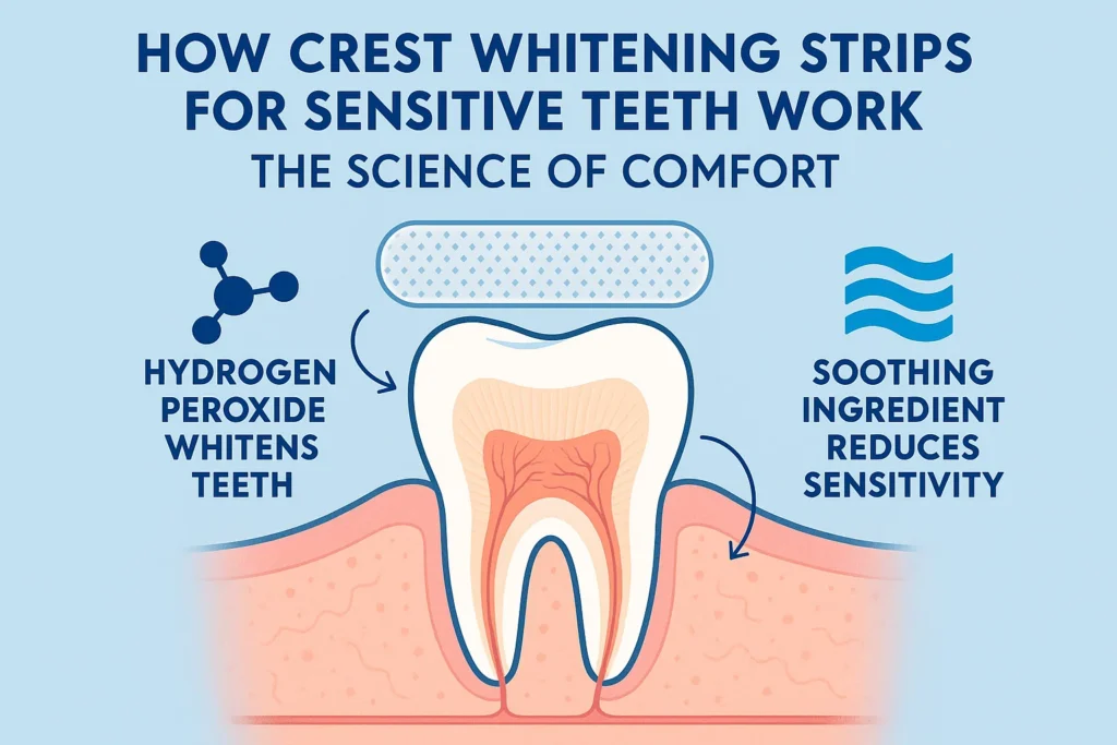 Crest whitening strips for sensitive teeth: The science behind Crest's whitening strips designed to brighten teeth while minimizing discomfort for sensitive users.