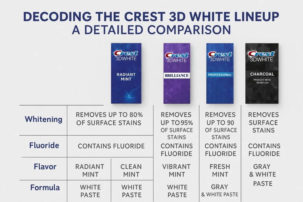 Crest Whitening Toothpaste Reviews: A detailed comparison of the Crest 3D White lineup and its whitening effectiveness.