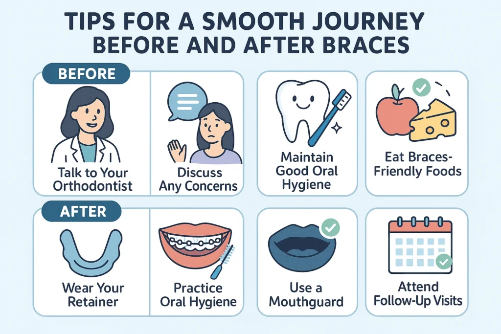 A complete visual guide showing a patient's smile transformation before and after braces.