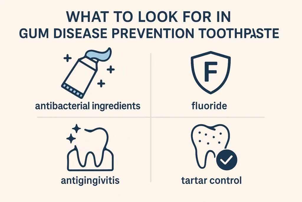 Gum disease prevention tips: Learn what to look for in a toothpaste that helps prevent gum disease and promotes healthy gums.