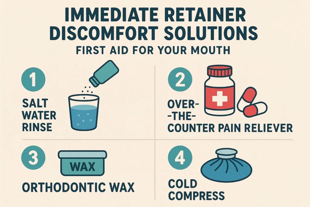 Immediate retainer discomfort solutions to provide first aid for mouth pain and irritation caused by retainers.
