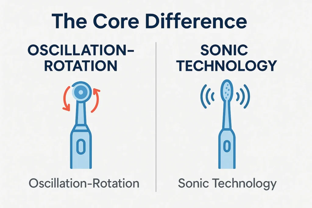 Oral B vs Philips Sonicare Comparison showing the core difference between oscillation-rotation and sonic technology for effective cleaning.