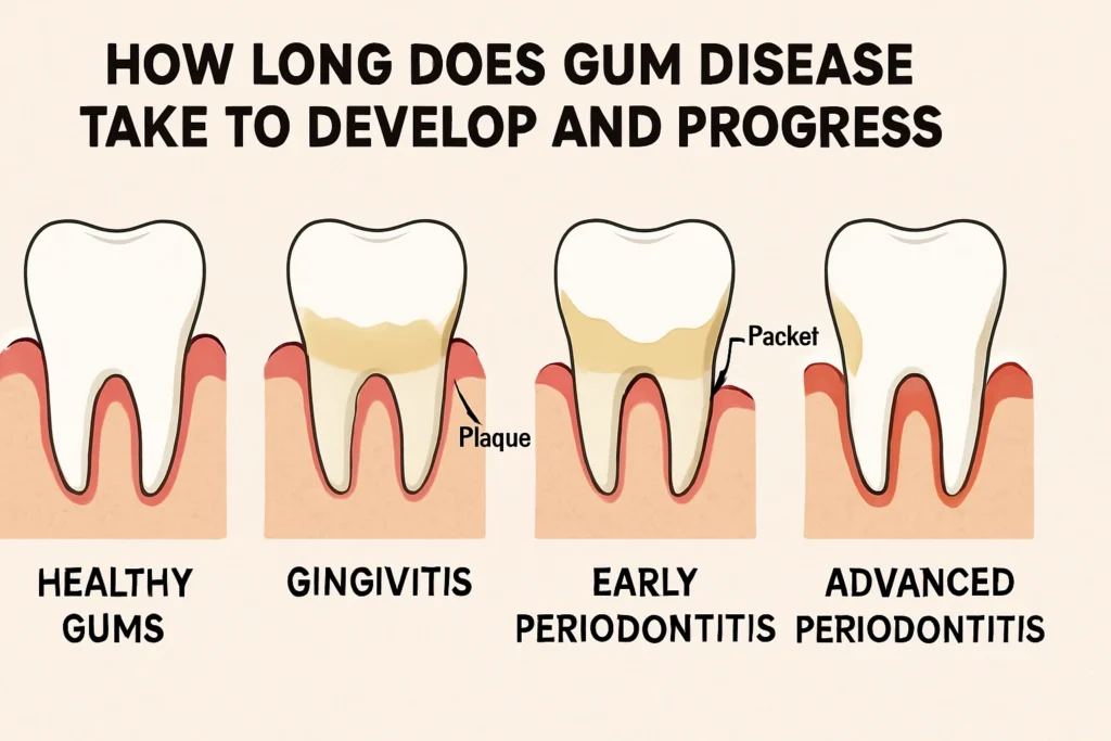 Signs of gum disease early stage explained with timeline of how the disease develops and progresses if untreated.