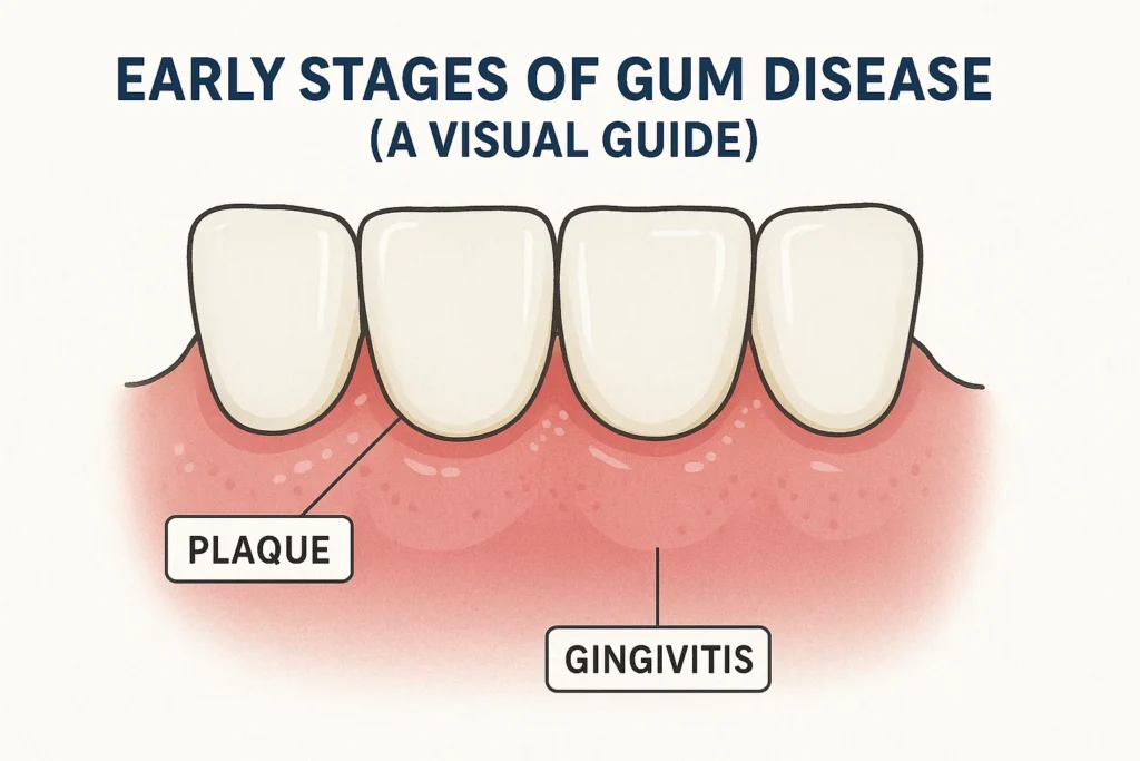 Signs of gum disease early stage shown with visual examples of bleeding gums, redness, and swelling.