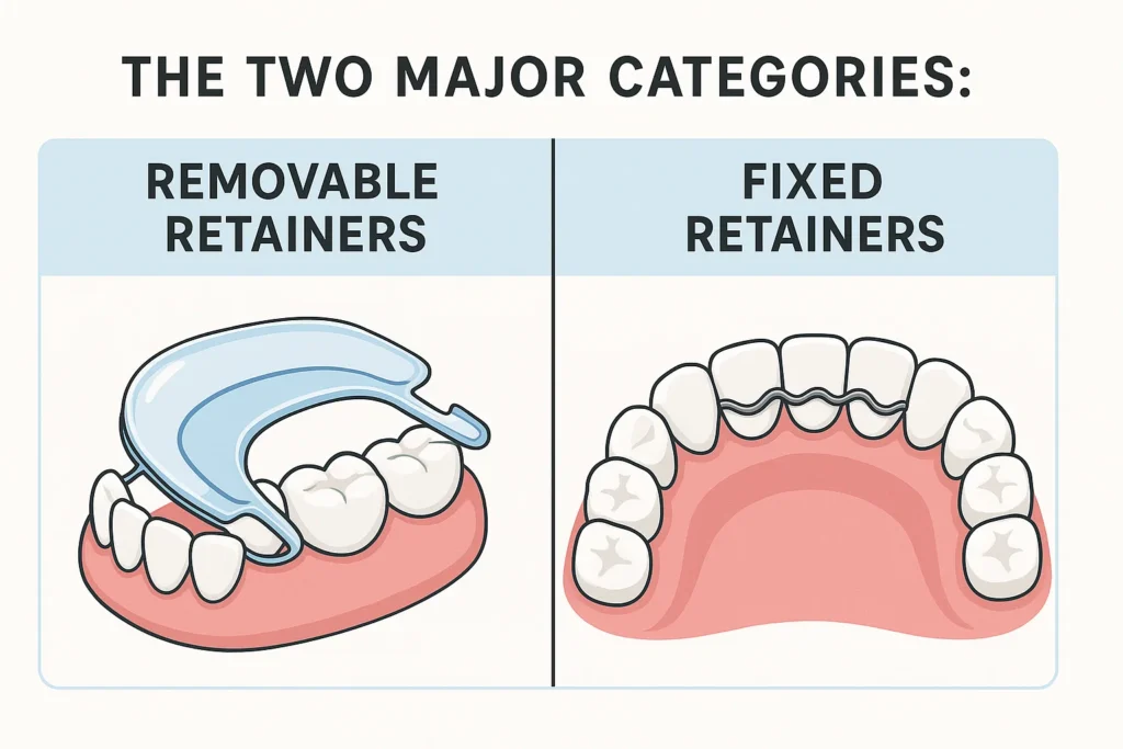 Types of Retainers Explained with a clear comparison between removable and fixed retainers.