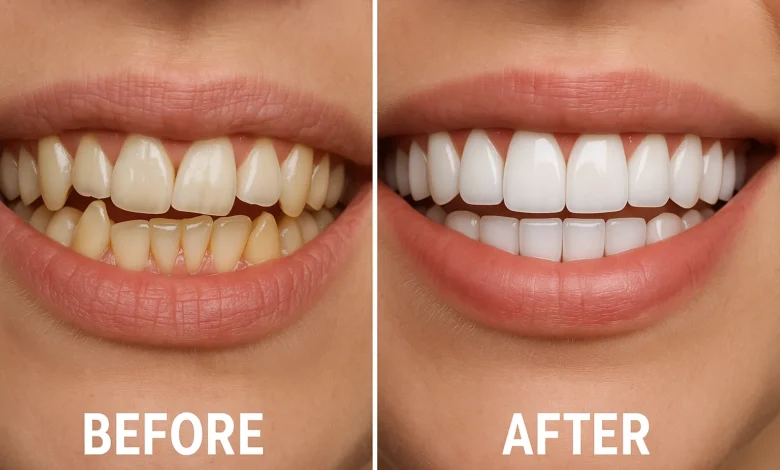 Veneers Before After Crooked Teeth – Transforming crooked teeth with veneers, showing the difference before and after treatment for a straight smile.