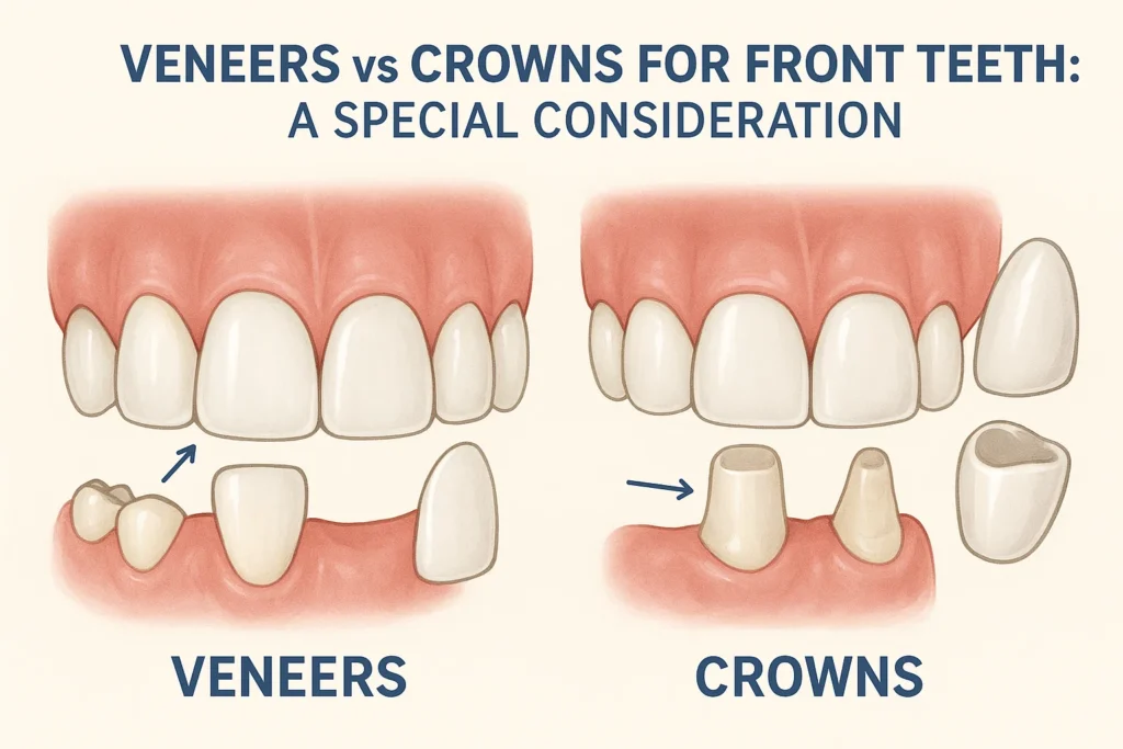 Veneers vs Crowns Difference – Comparing the use of veneers and crowns for front teeth, and why special consideration is needed for these visible teeth.