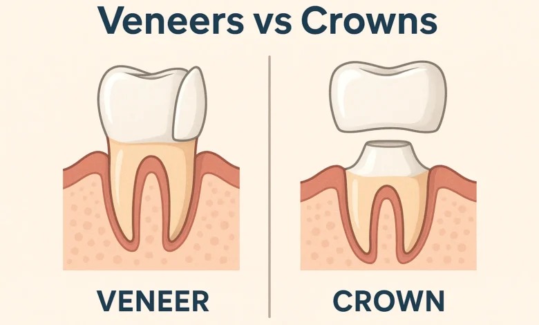 Veneers vs Crowns Difference – A clear comparison between veneers and crowns, highlighting the key differences in dental treatments.