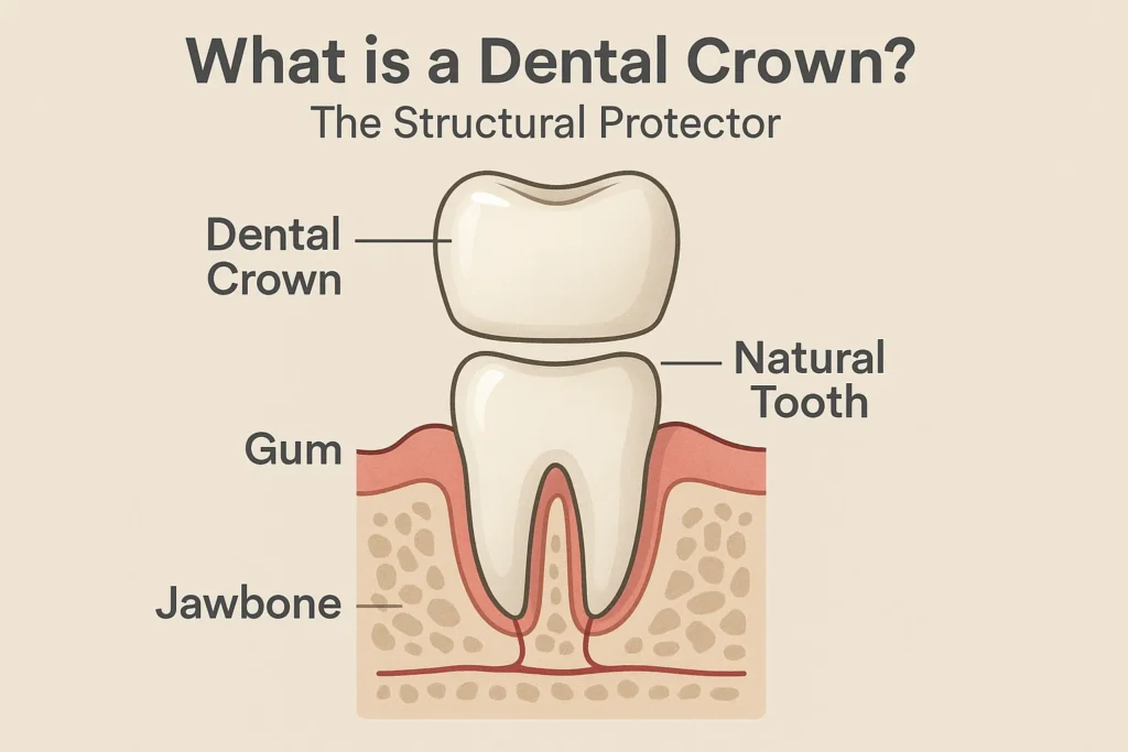 Veneers vs Crowns Difference – Understanding what a dental crown is and how it differs from veneers in terms of structure and protection.