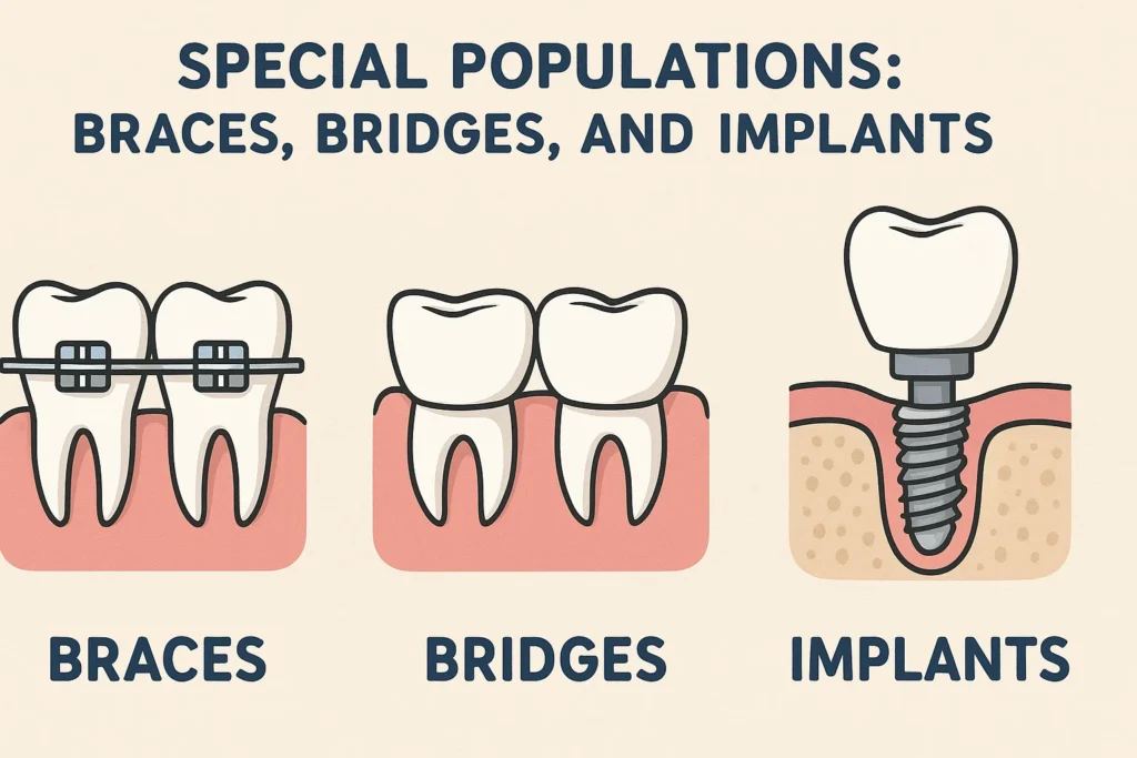 Water Flosser vs Regular Floss comparison for special populations including braces, bridges, and dental implants.