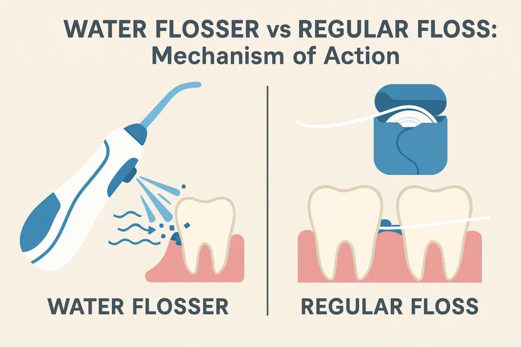 Water Flosser vs Regular Floss comparison showing the mechanism of action, effectiveness, and dental benefits.