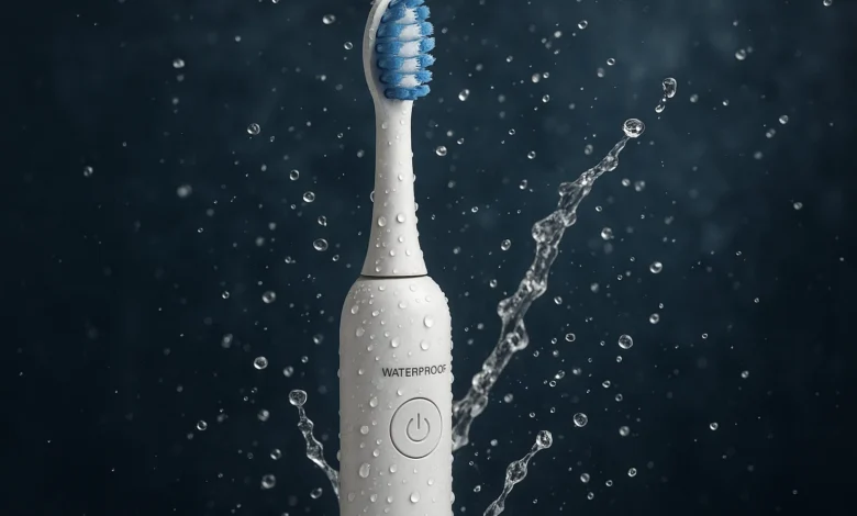 Modern waterproof electric toothbrush with sleek design and powerful cleaning performance placed near a bathroom sink.