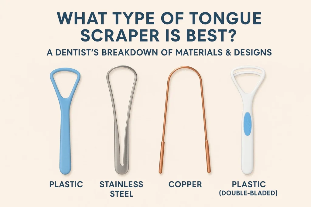 Best tongue scraper dentist reviews showing the most effective types of tongue scrapers, including materials and designs recommended by dentists.