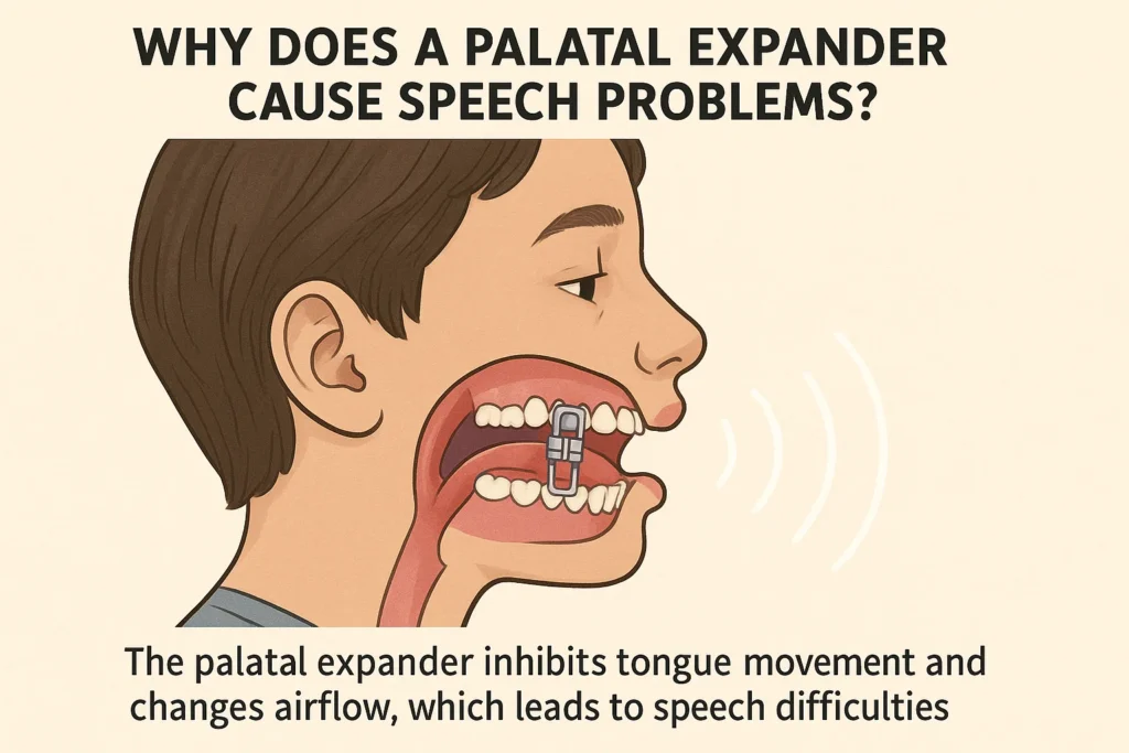 Why does a palatal expander cause speech problems during the first week of use?