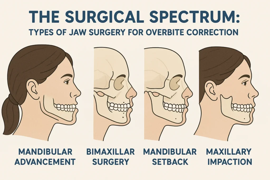 Overbite jaw surgery before after, illustrating different types of jaw surgery used for overbite correction and alignment.