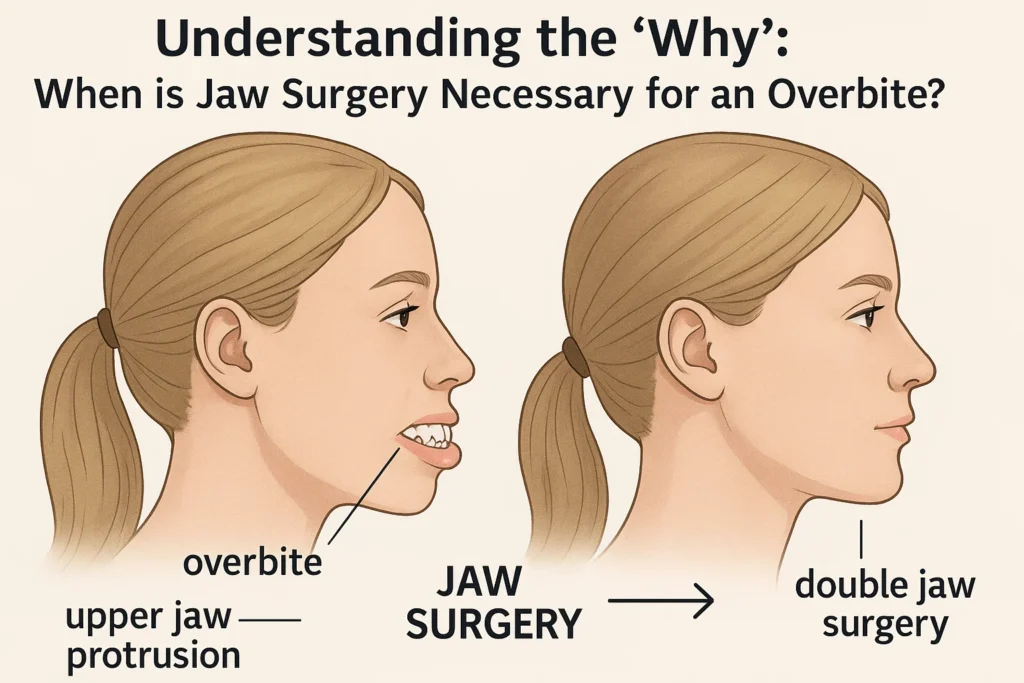 "Overbite jaw surgery before after, highlighting when jaw surgery is necessary for overbite correction and alignment.