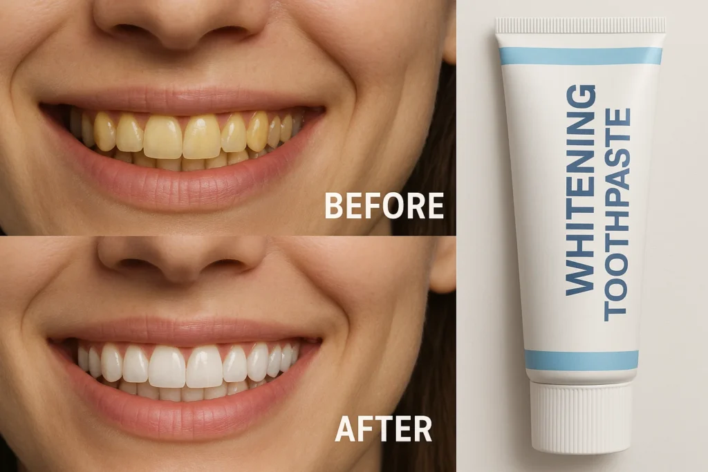 Realistic before and after images showing the gradual whitening effect of toothpaste over time.