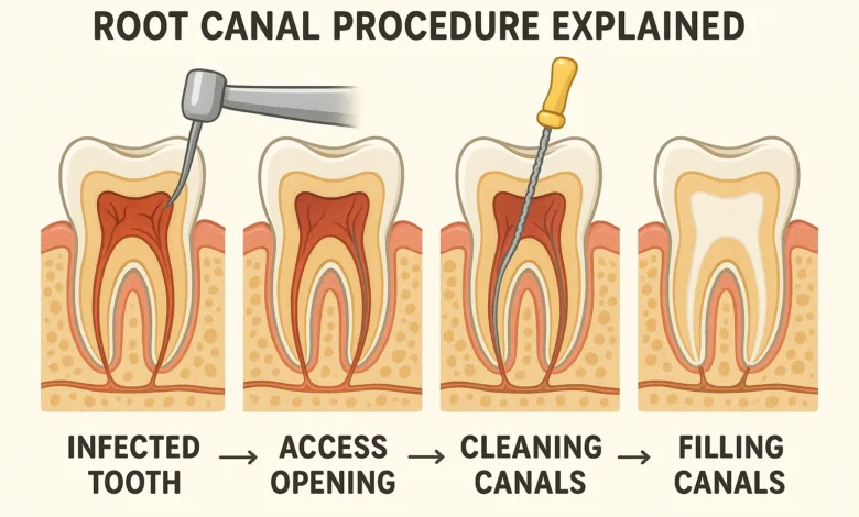 Root Canal Procedure Explained with simple steps to show how dentists save damaged or infected teeth.
