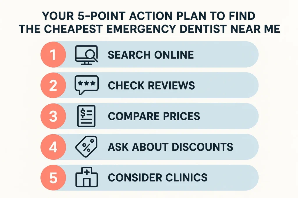 Follow this 5-point plan to find the cheapest emergency dentist near you for affordable, urgent dental care.